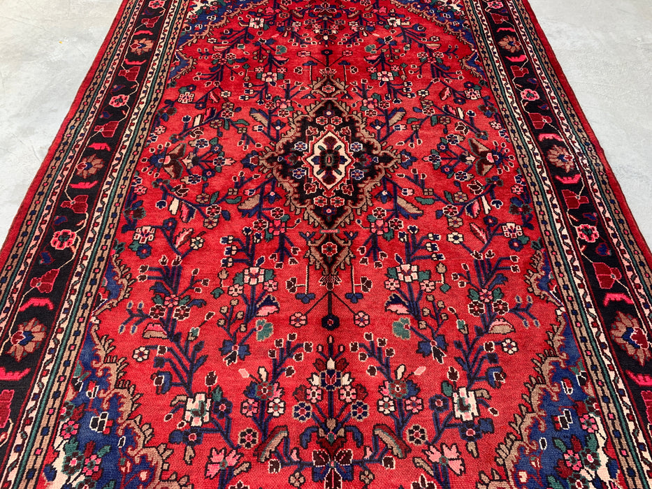 Handgemaakt Perzisch wollen vloerkleed 213x305 cm - Rood bloemenmedaillon Perzisch stijl tapijt met marineblauwe rand - Exacte afmeting 305 cm x 213 cm - KBHM-847