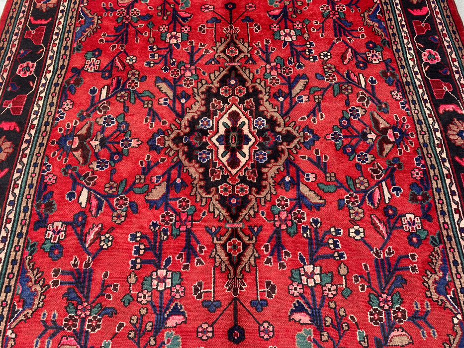 Handgemaakt Perzisch wollen vloerkleed 213x305 cm - Rood bloemenmedaillon Perzisch stijl tapijt met marineblauwe rand - Exacte afmeting 305 cm x 213 cm - KBHM-847
