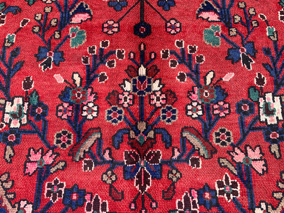 Handgemaakt Perzisch wollen vloerkleed 213x305 cm - Rood bloemenmedaillon Perzisch stijl tapijt met marineblauwe rand - Exacte afmeting 305 cm x 213 cm - KBHM-847