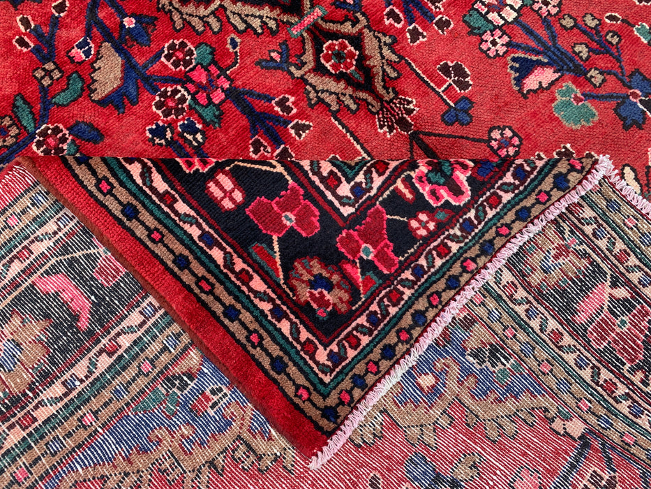 Handgemaakt Perzisch wollen vloerkleed 213x305 cm - Rood bloemenmedaillon Perzisch stijl tapijt met marineblauwe rand - Exacte afmeting 305 cm x 213 cm - KBHM-847
