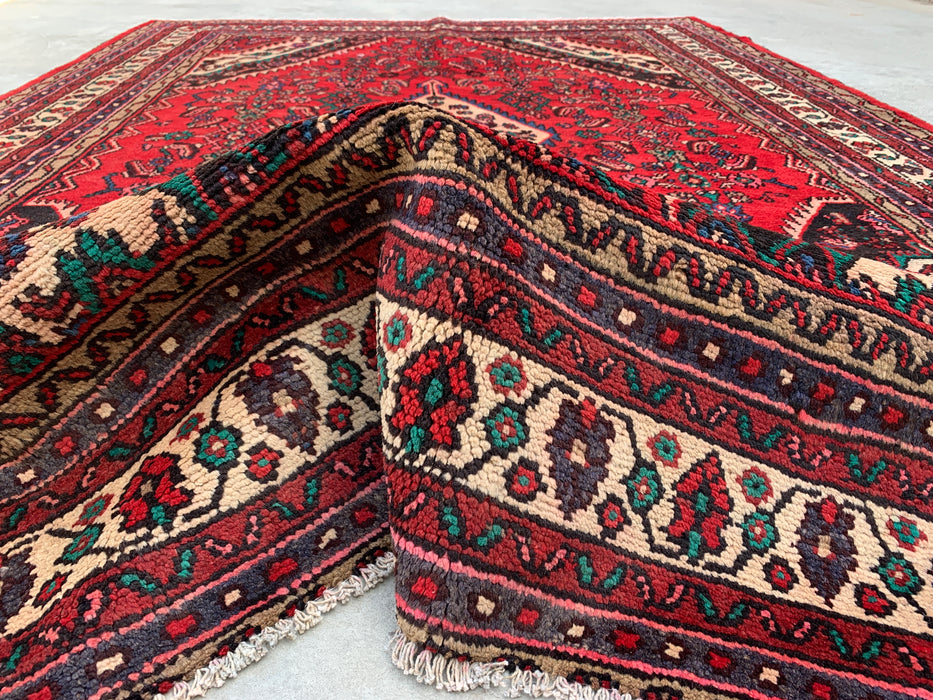 Handgemaakt Perzisch wollen vloerkleed 210x300 cm - Perzisch stijl kleed met rood diamantmedaillon en ivoorkleurige rand - Exacte afmetingen 295 cm x 208 cm - KBHM-848