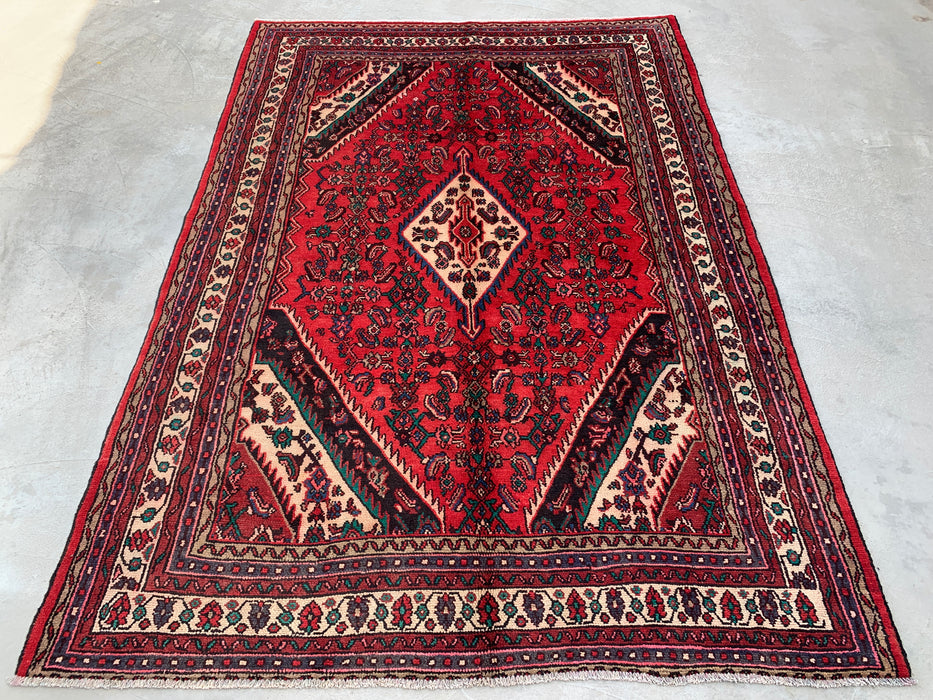 Handgemaakt Perzisch wollen vloerkleed 210x300 cm - Perzisch stijl kleed met rood diamantmedaillon en ivoorkleurige rand - Exacte afmetingen 295 cm x 208 cm - KBHM-848