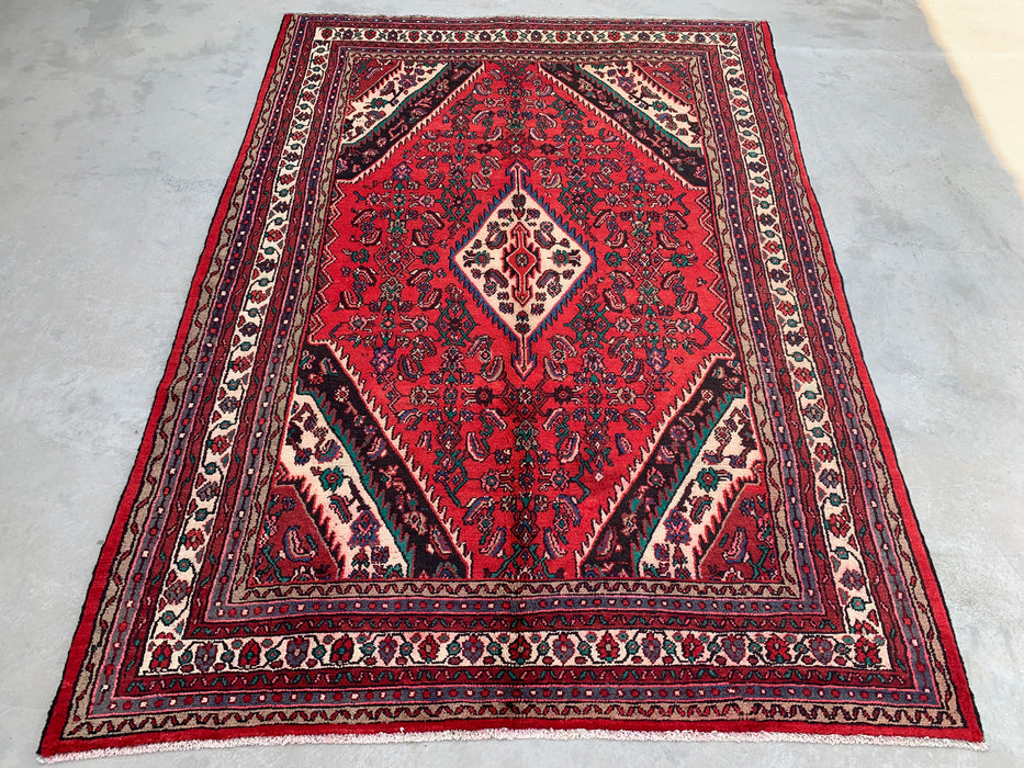 Handgemaakt Perzisch wollen vloerkleed 210x300 cm - Perzisch stijl kleed met rood diamantmedaillon en ivoorkleurige rand - Exacte afmetingen 295 cm x 208 cm - KBHM-848