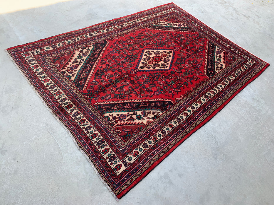 Handgemaakt Perzisch wollen vloerkleed 210x300 cm - Perzisch stijl kleed met rood diamantmedaillon en ivoorkleurige rand - Exacte afmetingen 295 cm x 208 cm - KBHM-848
