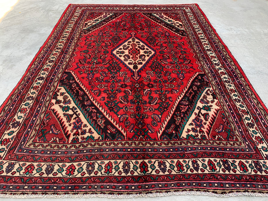 Handgemaakt Perzisch wollen vloerkleed 210x300 cm - Perzisch stijl kleed met rood diamantmedaillon en ivoorkleurige rand - Exacte afmetingen 295 cm x 208 cm - KBHM-848