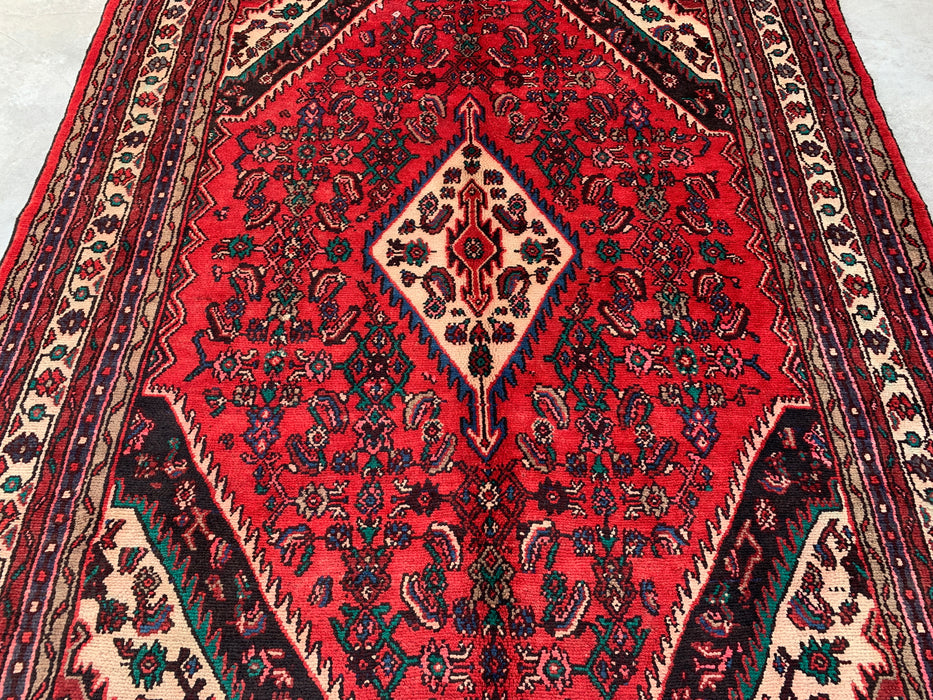 Handgemaakt Perzisch wollen vloerkleed 210x300 cm - Perzisch stijl kleed met rood diamantmedaillon en ivoorkleurige rand - Exacte afmetingen 295 cm x 208 cm - KBHM-848