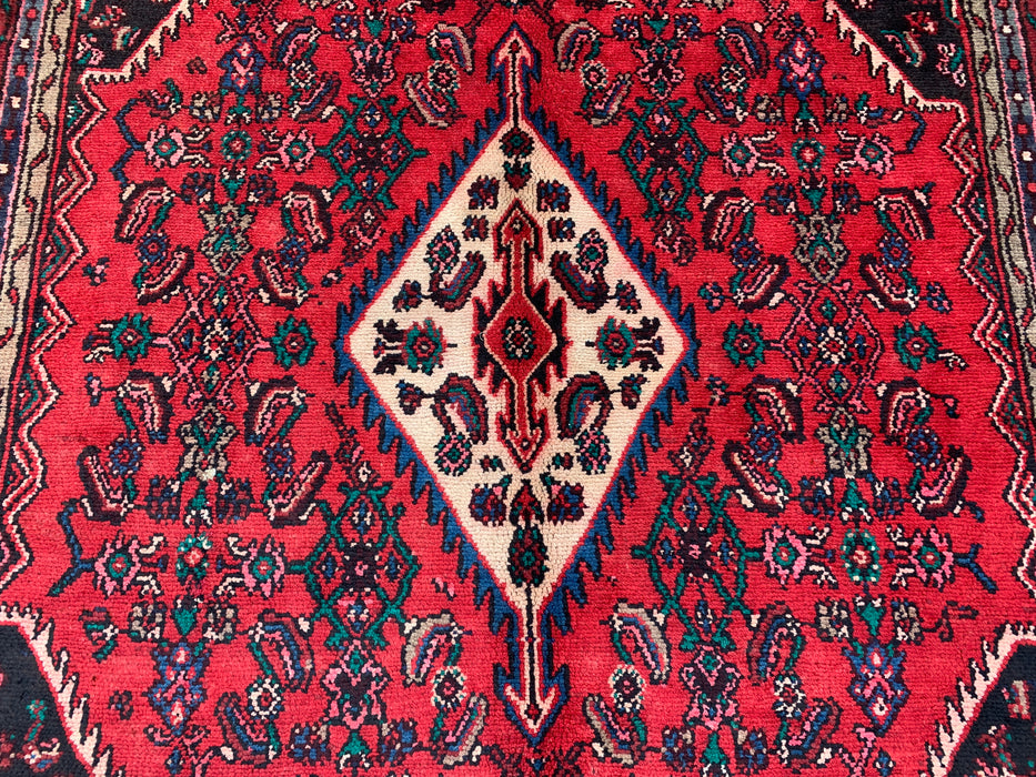 Handgemaakt Perzisch wollen vloerkleed 210x300 cm - Perzisch stijl kleed met rood diamantmedaillon en ivoorkleurige rand - Exacte afmetingen 295 cm x 208 cm - KBHM-848