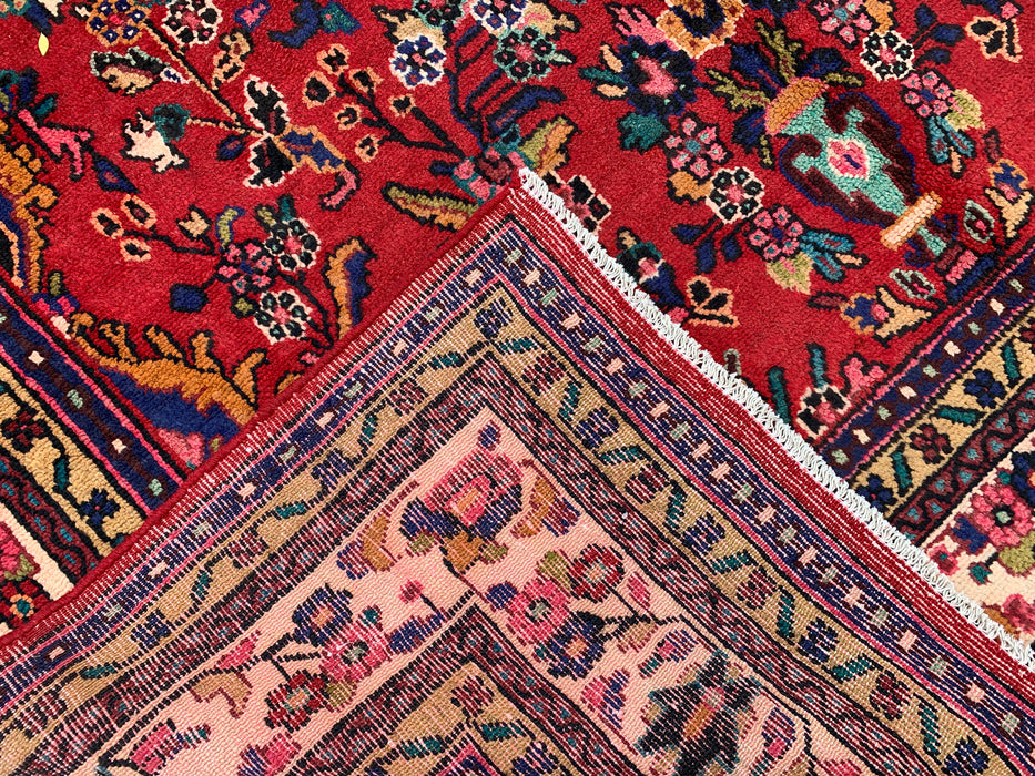 Handgemaakt Perzisch wollen vloerkleed 7x10 - Rood Perzisch tapijt in bloemmotief met medaillon en ivoorkleurige rand - Exacte afmeting 9'8" x 6'11" - KBHM-849