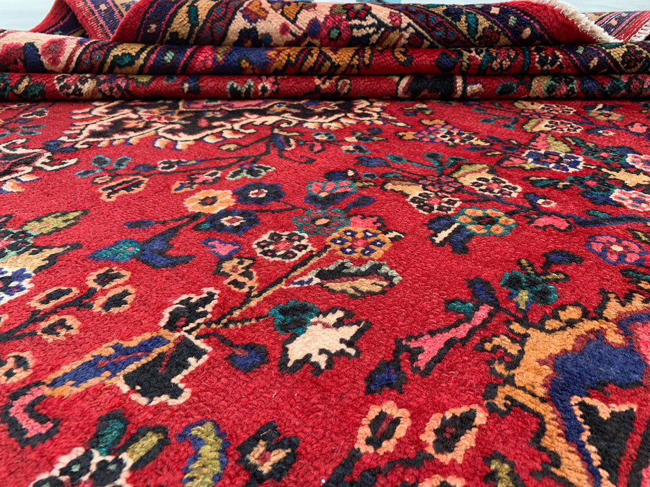 Handgemaakt Perzisch wollen vloerkleed 7x10 - Rood Perzisch tapijt in bloemmotief met medaillon en ivoorkleurige rand - Exacte afmeting 9'8" x 6'11" - KBHM-849