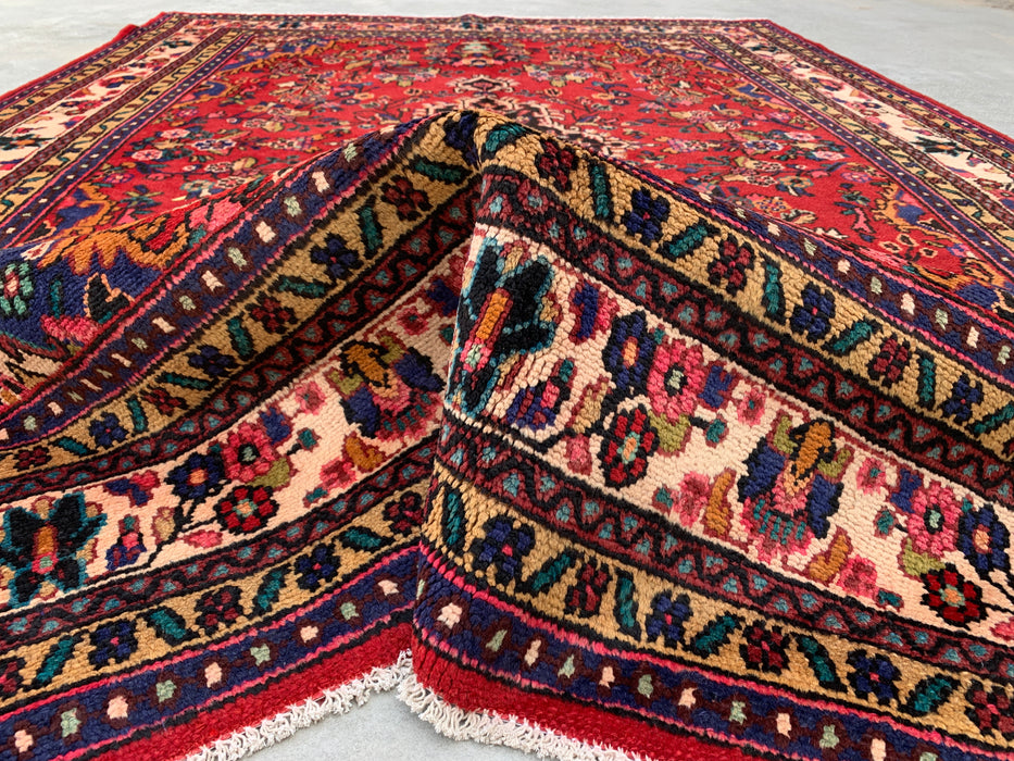 Handgemaakt Perzisch wollen vloerkleed 7x10 - Rood Perzisch tapijt in bloemmotief met medaillon en ivoorkleurige rand - Exacte afmeting 9'8" x 6'11" - KBHM-849