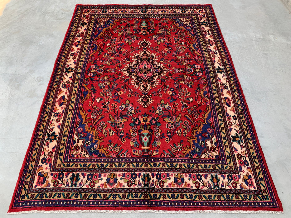 Handgemaakt Perzisch wollen vloerkleed 7x10 - Rood Perzisch tapijt in bloemmotief met medaillon en ivoorkleurige rand - Exacte afmeting 9'8" x 6'11" - KBHM-849