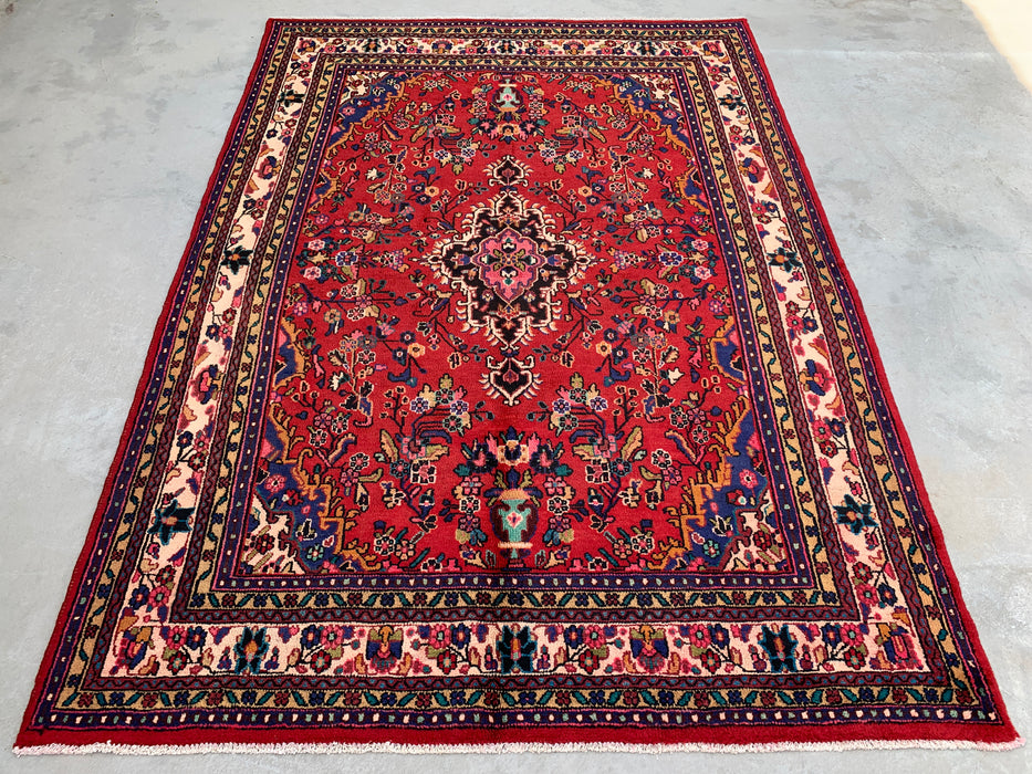 Handgemaakt Perzisch wollen vloerkleed 7x10 - Rood Perzisch tapijt in bloemmotief met medaillon en ivoorkleurige rand - Exacte afmeting 9'8" x 6'11" - KBHM-849