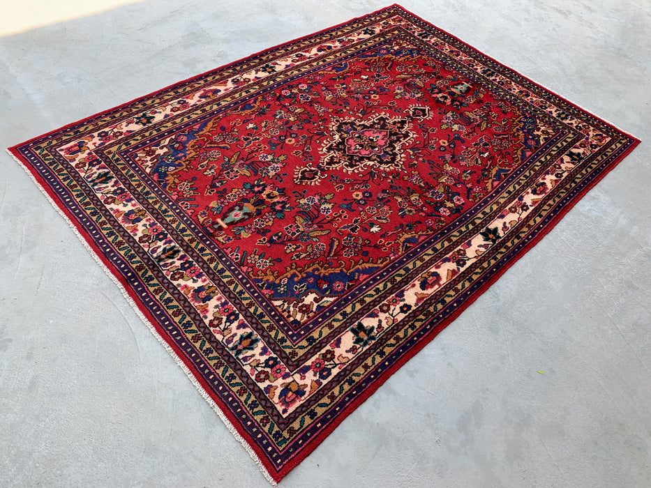 Handgemaakt Perzisch wollen vloerkleed 7x10 - Rood Perzisch tapijt in bloemmotief met medaillon en ivoorkleurige rand - Exacte afmeting 9'8" x 6'11" - KBHM-849