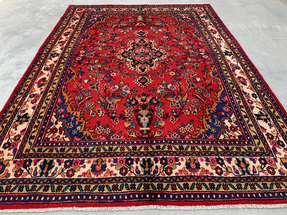 Handgemaakt Perzisch wollen vloerkleed 7x10 - Rood Perzisch tapijt in bloemmotief met medaillon en ivoorkleurige rand - Exacte afmeting 9'8" x 6'11" - KBHM-849