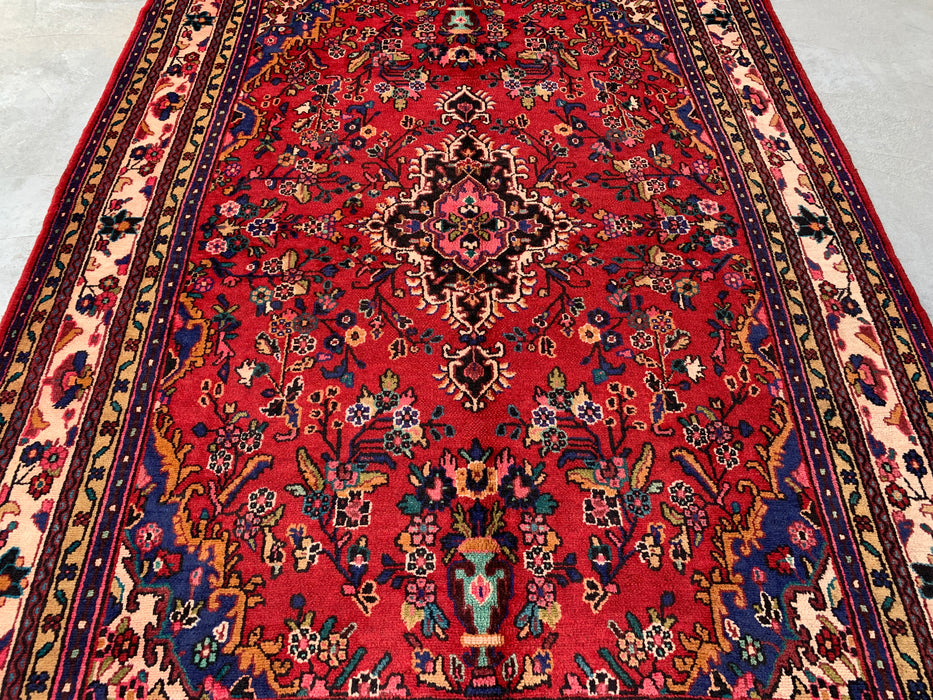 Handgemaakt Perzisch wollen vloerkleed 7x10 - Rood Perzisch tapijt in bloemmotief met medaillon en ivoorkleurige rand - Exacte afmeting 9'8" x 6'11" - KBHM-849