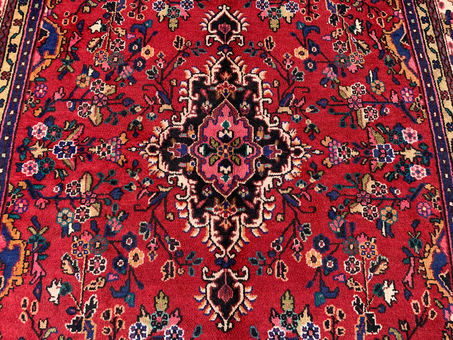 Handgemaakt Perzisch wollen vloerkleed 7x10 - Rood Perzisch tapijt in bloemmotief met medaillon en ivoorkleurige rand - Exacte afmeting 9'8" x 6'11" - KBHM-849