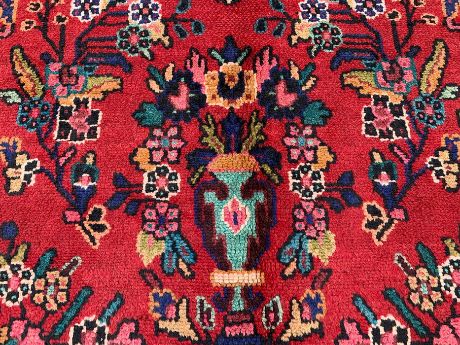 Handgemaakt Perzisch wollen vloerkleed 7x10 - Rood Perzisch tapijt in bloemmotief met medaillon en ivoorkleurige rand - Exacte afmeting 9'8" x 6'11" - KBHM-849