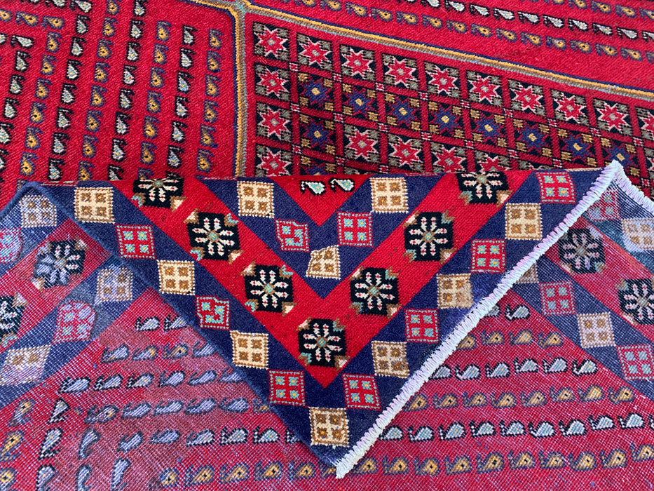 Handgemaakt Perzisch wollen vloerkleed 7x10 - Rood geometrisch ruitvormig Perzisch stijl kleed met marineblauwe rand - Exacte afmetingen 9'8" x 6'4" - KBHM-850