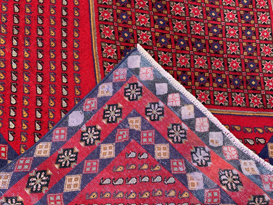 Handgemaakt Perzisch wollen vloerkleed 7x10 - Rood geometrisch ruitvormig Perzisch stijl kleed met marineblauwe rand - Exacte afmetingen 9'8" x 6'4" - KBHM-850