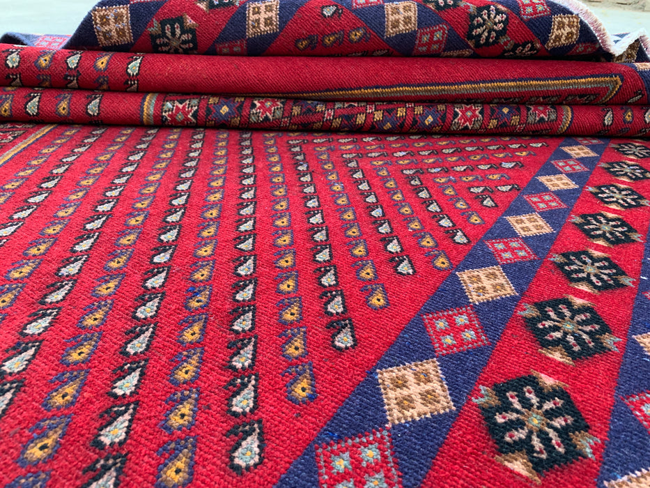 Handgemaakt Perzisch wollen vloerkleed 7x10 - Rood geometrisch ruitvormig Perzisch stijl kleed met marineblauwe rand - Exacte afmetingen 9'8" x 6'4" - KBHM-850