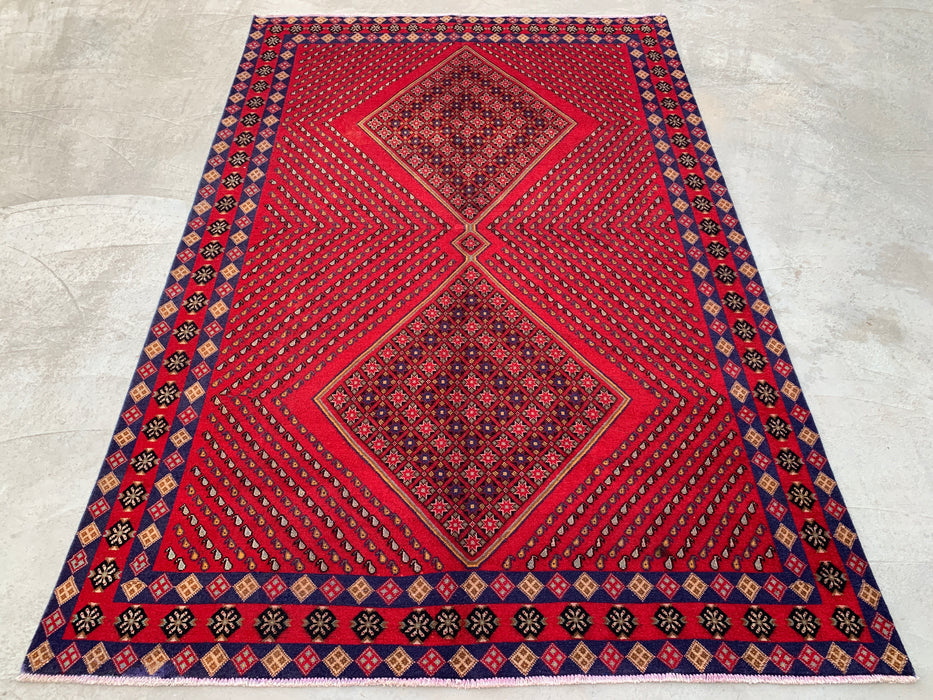 Handgemaakt Perzisch wollen vloerkleed 7x10 - Rood geometrisch ruitvormig Perzisch stijl kleed met marineblauwe rand - Exacte afmetingen 9'8" x 6'4" - KBHM-850