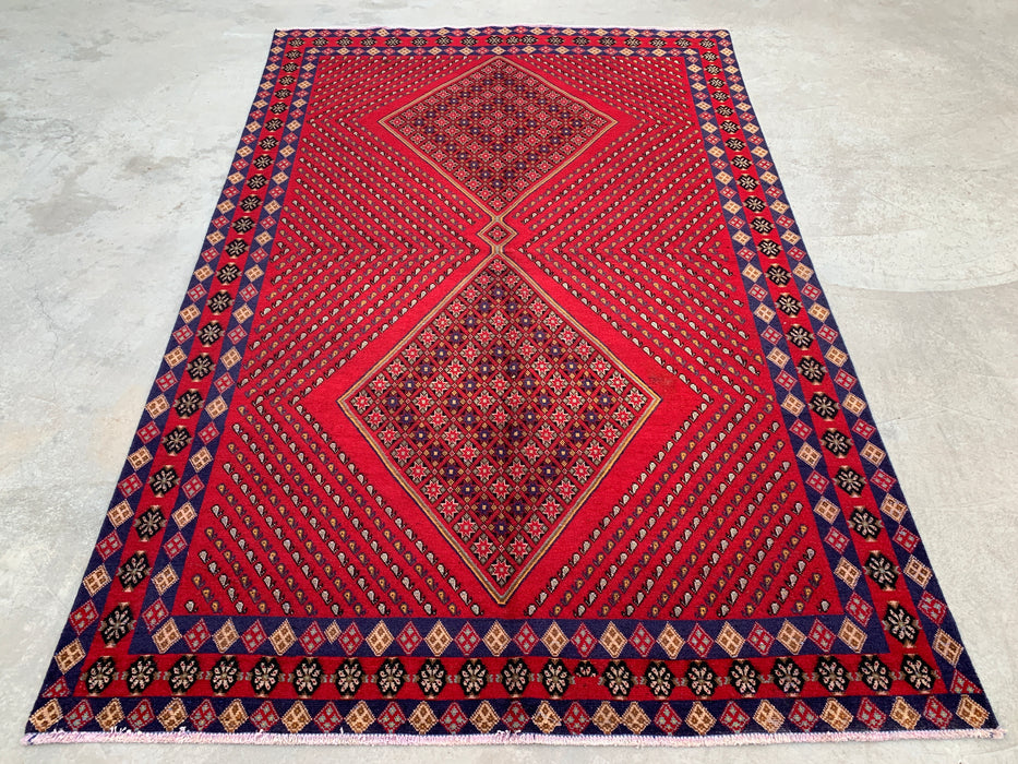 Handgemaakt Perzisch wollen vloerkleed 7x10 - Rood geometrisch ruitvormig Perzisch stijl kleed met marineblauwe rand - Exacte afmetingen 9'8" x 6'4" - KBHM-850
