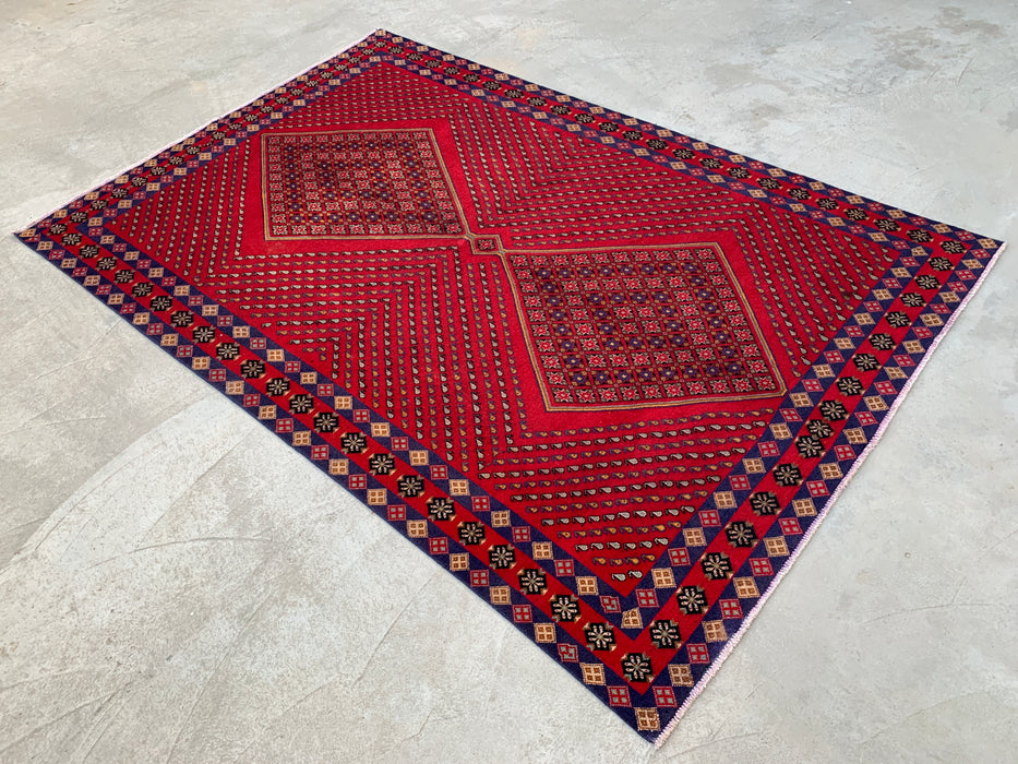 Handgemaakt Perzisch wollen vloerkleed 7x10 - Rood geometrisch ruitvormig Perzisch stijl kleed met marineblauwe rand - Exacte afmetingen 9'8" x 6'4" - KBHM-850