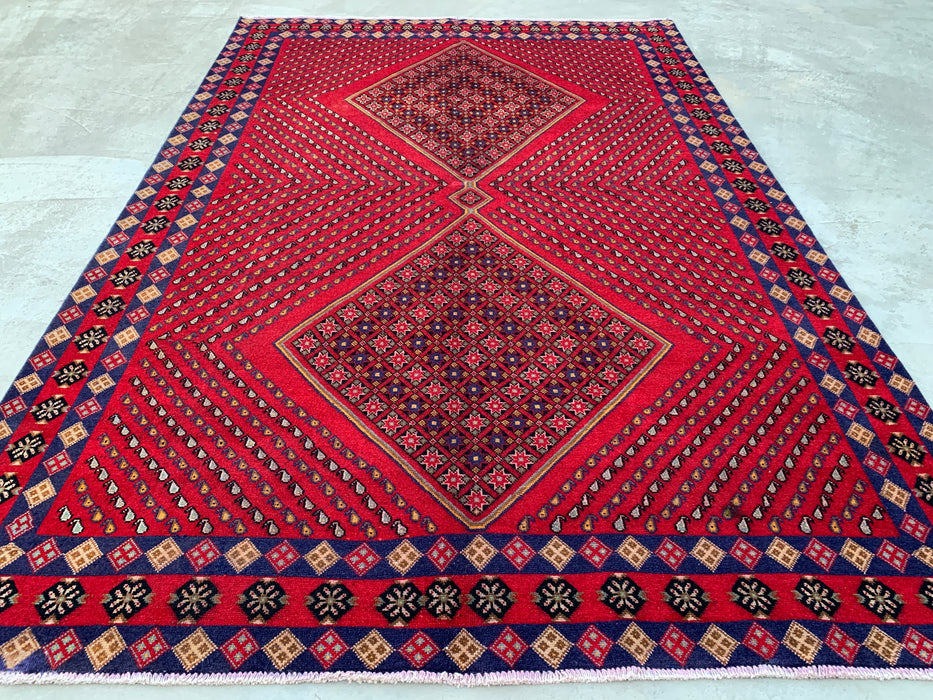 Handgemaakt Perzisch wollen vloerkleed 7x10 - Rood geometrisch ruitvormig Perzisch stijl kleed met marineblauwe rand - Exacte afmetingen 9'8" x 6'4" - KBHM-850
