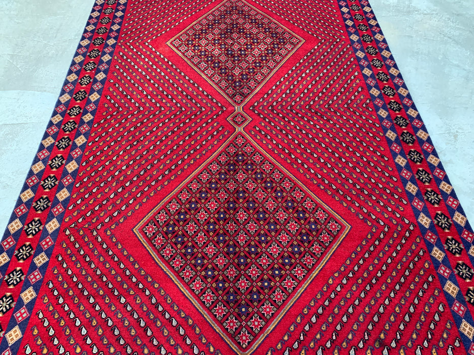 Handgemaakt Perzisch wollen vloerkleed 7x10 - Rood geometrisch ruitvormig Perzisch stijl kleed met marineblauwe rand - Exacte afmetingen 9'8" x 6'4" - KBHM-850