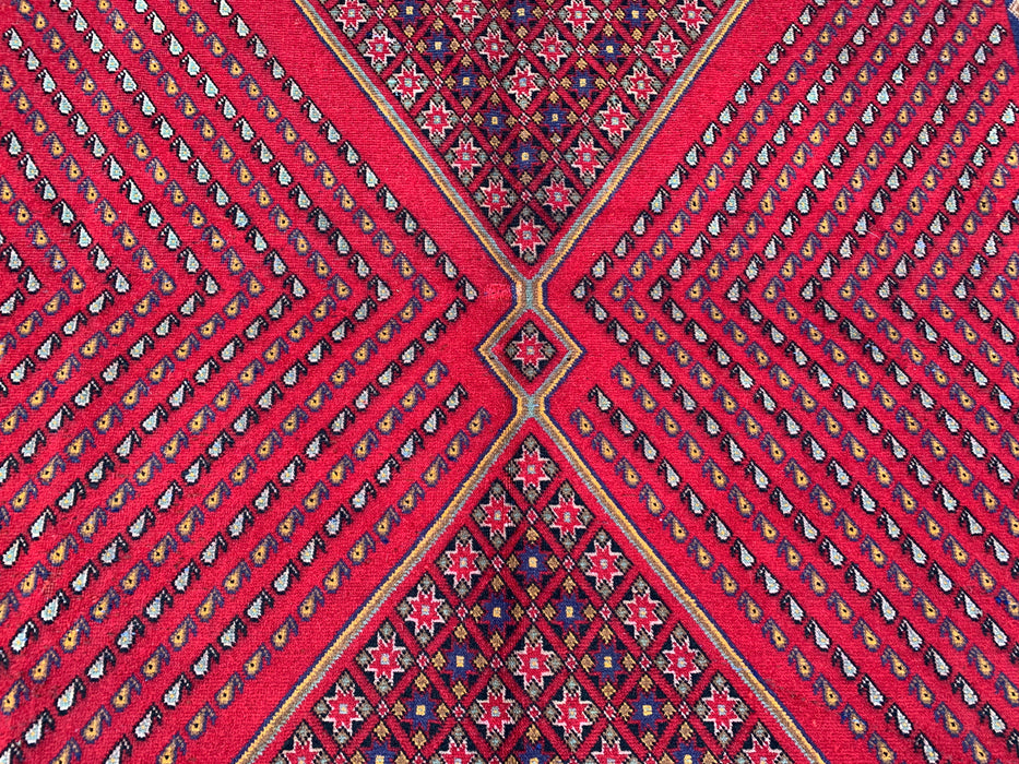 Handgemaakt Perzisch wollen vloerkleed 7x10 - Rood geometrisch ruitvormig Perzisch stijl kleed met marineblauwe rand - Exacte afmetingen 9'8" x 6'4" - KBHM-850