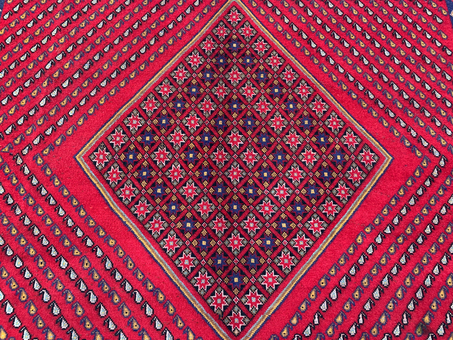 Handgemaakt Perzisch wollen vloerkleed 7x10 - Rood geometrisch ruitvormig Perzisch stijl kleed met marineblauwe rand - Exacte afmetingen 9'8" x 6'4" - KBHM-850