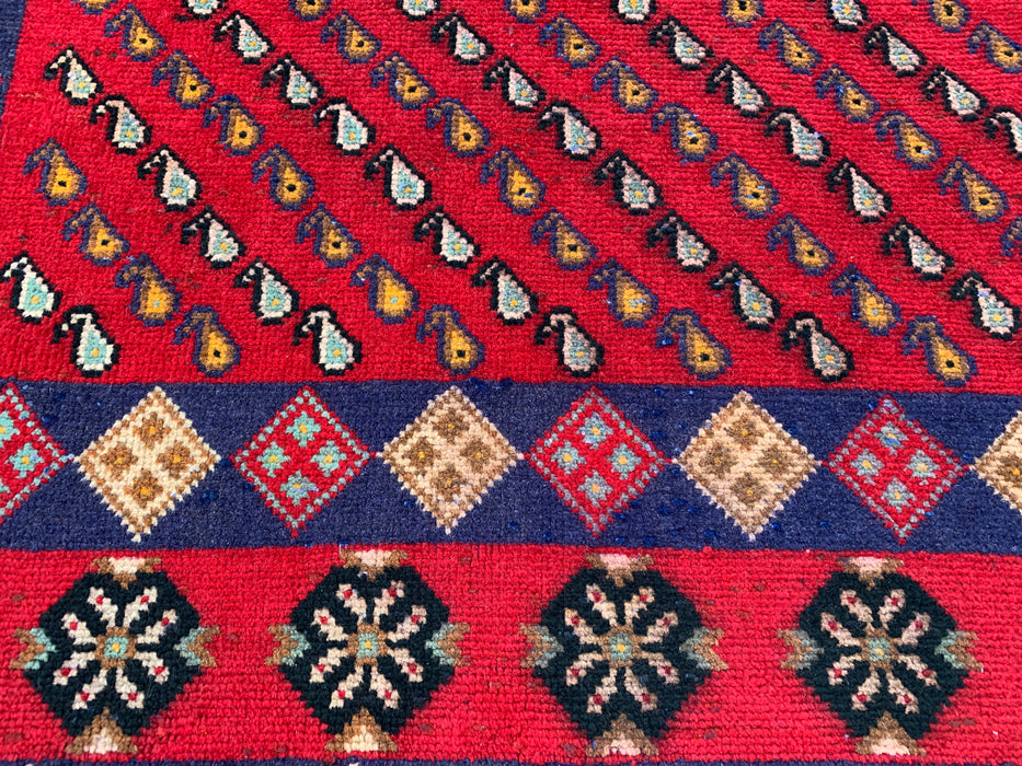 Handgemaakt Perzisch wollen vloerkleed 7x10 - Rood geometrisch ruitvormig Perzisch stijl kleed met marineblauwe rand - Exacte afmetingen 9'8" x 6'4" - KBHM-850
