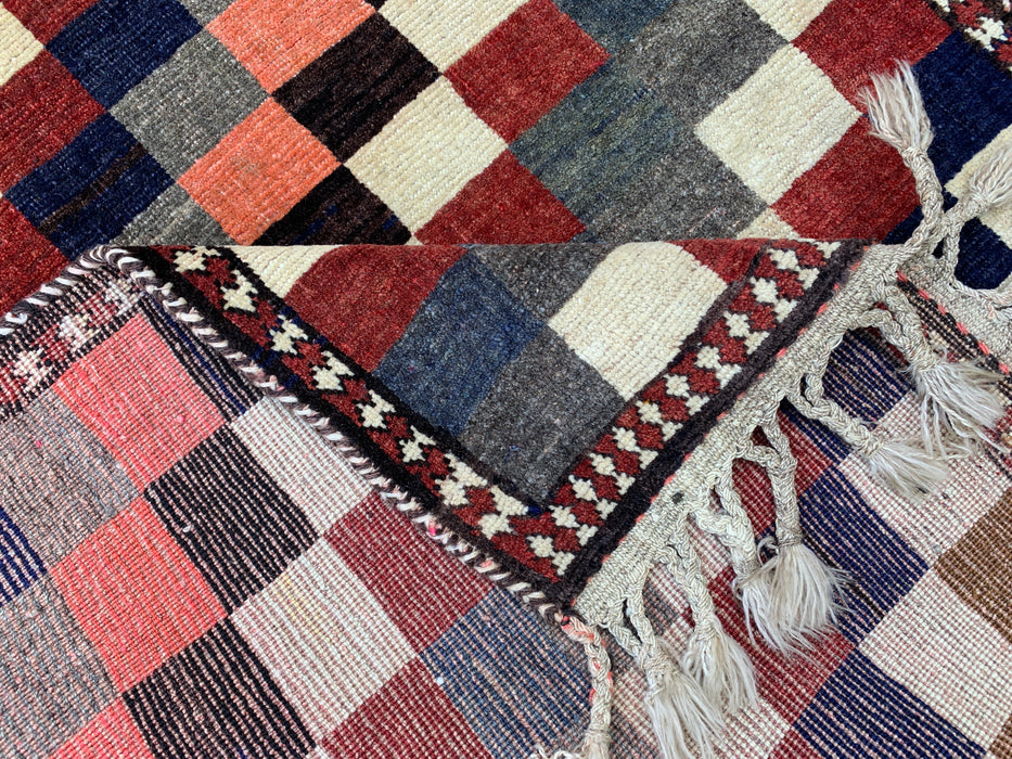 Handgemaakt Perzisch wollen vloerkleed 7x10 - Rood geometrisch ruitvormig Perzisch stijl kleed met marineblauwe rand - Exacte afmetingen 9'8" x 6'4" - KBHM-850