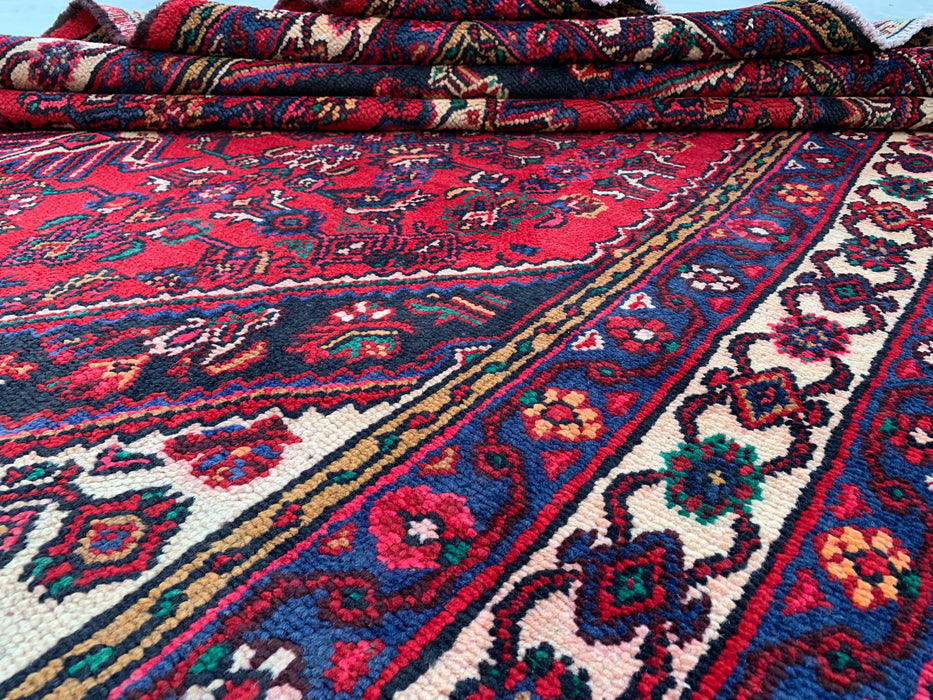 Handgemaakt Perzisch wollen vloerkleed 7x10 - Rood Perzisch tapijt met geometrisch medaillon en ivoorkleurige rand - Exacte afmeting 9'1" x 6'8" - KBHM-851