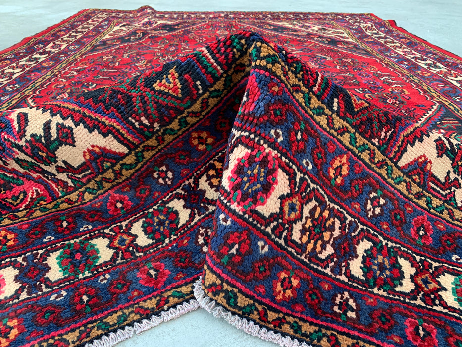 Handgemaakt Perzisch wollen vloerkleed 7x10 - Rood Perzisch tapijt met geometrisch medaillon en ivoorkleurige rand - Exacte afmeting 9'1" x 6'8" - KBHM-851