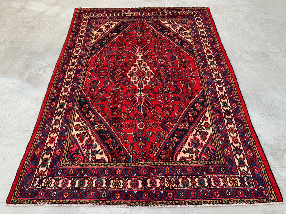 Handgemaakt Perzisch wollen vloerkleed 7x10 - Rood Perzisch tapijt met geometrisch medaillon en ivoorkleurige rand - Exacte afmeting 9'1" x 6'8" - KBHM-851