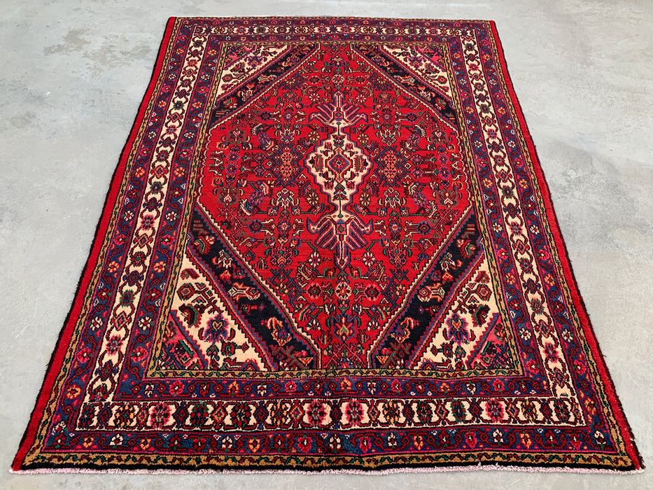 Handgemaakt Perzisch wollen vloerkleed 7x10 - Rood Perzisch tapijt met geometrisch medaillon en ivoorkleurige rand - Exacte afmeting 9'1" x 6'8" - KBHM-851