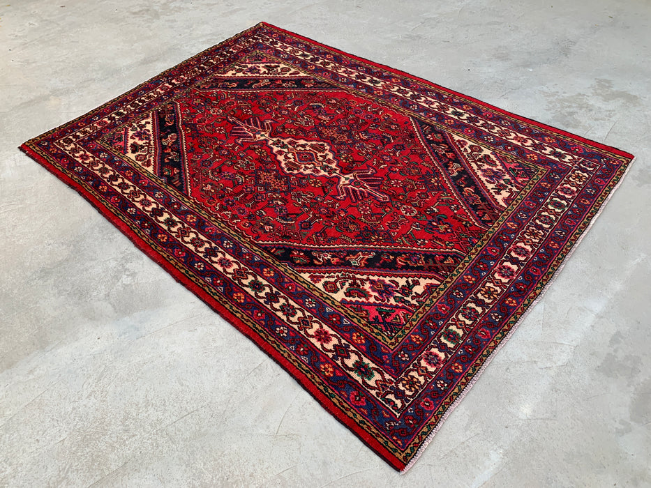 Handgemaakt Perzisch wollen vloerkleed 7x10 - Rood Perzisch tapijt met geometrisch medaillon en ivoorkleurige rand - Exacte afmeting 9'1" x 6'8" - KBHM-851
