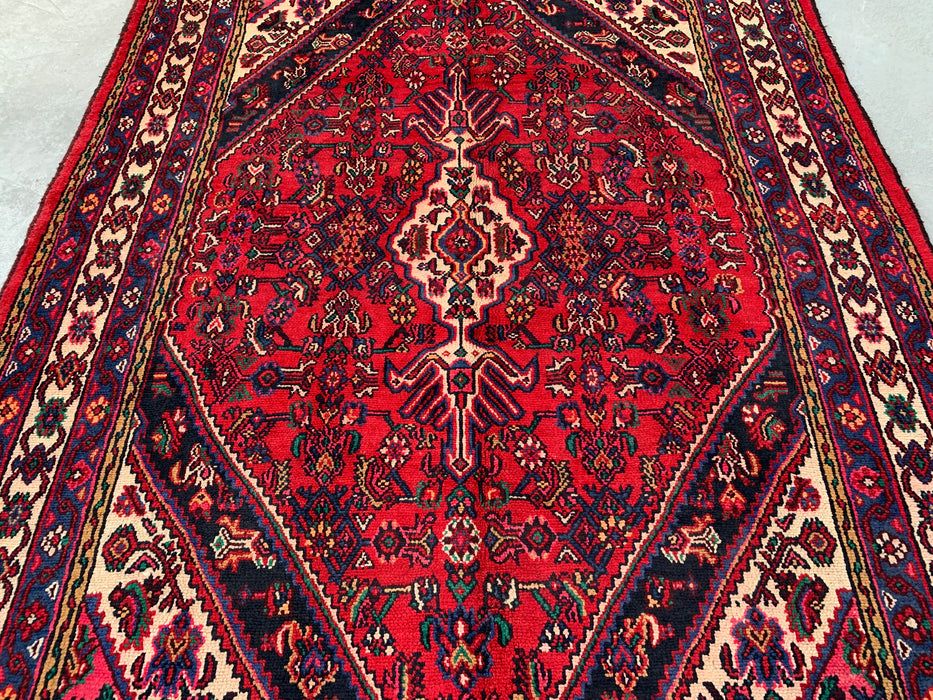 Handgemaakt Perzisch wollen vloerkleed 7x10 - Rood Perzisch tapijt met geometrisch medaillon en ivoorkleurige rand - Exacte afmeting 9'1" x 6'8" - KBHM-851