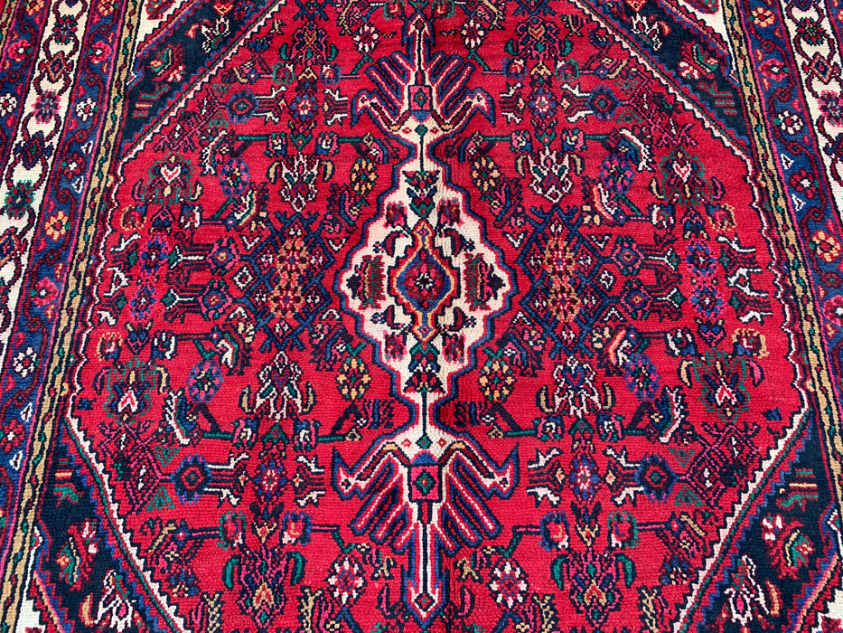 Handgemaakt Perzisch wollen vloerkleed 7x10 - Rood Perzisch tapijt met geometrisch medaillon en ivoorkleurige rand - Exacte afmeting 9'1" x 6'8" - KBHM-851