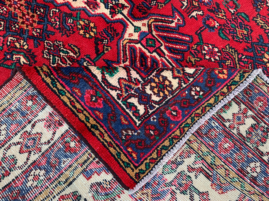 Handgemaakt Perzisch wollen vloerkleed 7x10 - Rood Perzisch tapijt met geometrisch medaillon en ivoorkleurige rand - Exacte afmeting 9'1" x 6'8" - KBHM-851