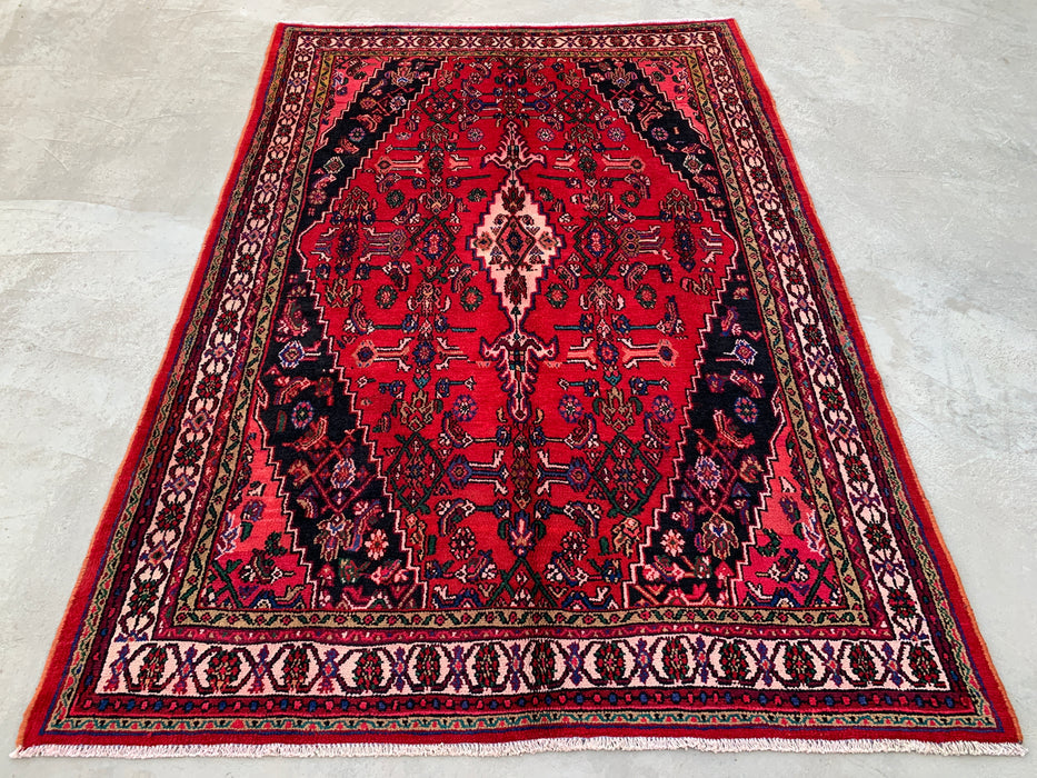 Handgemaakt Perzisch wollen vloerkleed 210x300 - Rood Perzisch tapijt met geometrisch medaillon en ivoorkleurige rand - Exacte afmeting 295 cm x 208 cm - KBHM-853