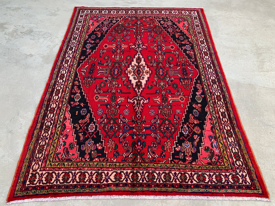 Handgemaakt Perzisch wollen vloerkleed 210x300 - Rood Perzisch tapijt met geometrisch medaillon en ivoorkleurige rand - Exacte afmeting 295 cm x 208 cm - KBHM-853