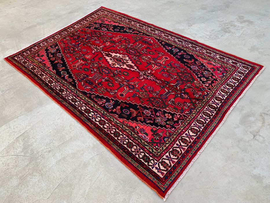 Handgemaakt Perzisch wollen vloerkleed 210x300 - Rood Perzisch tapijt met geometrisch medaillon en ivoorkleurige rand - Exacte afmeting 295 cm x 208 cm - KBHM-853