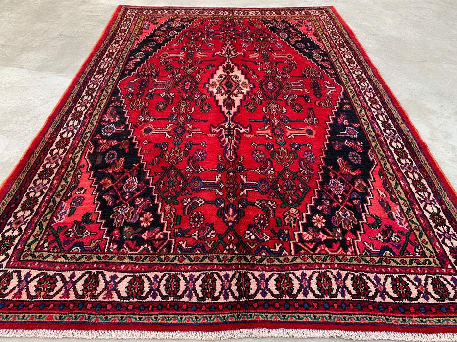 Handgemaakt Perzisch wollen vloerkleed 210x300 - Rood Perzisch tapijt met geometrisch medaillon en ivoorkleurige rand - Exacte afmeting 295 cm x 208 cm - KBHM-853