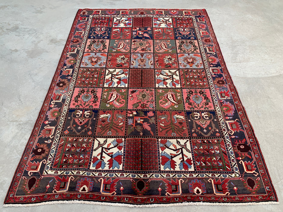 Handgemaakt Perzisch wollen vloerkleed 215x305 cm - Perzisch tapijt met rood paneel en een blauw & grijs tribale rand - Exacte afmeting 307 cm x 213 cm - KBHM-854