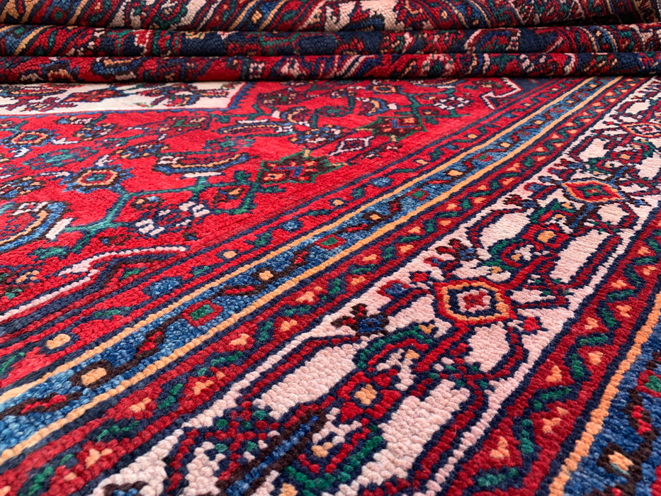 Handgemaakt Perzisch wollen vloerkleed 7x10 - Rood Perzisch tapijt met geometrisch medaillon en ivoorkleurige rand - Exacte afmeting 10'0" x 6'11" - KBHM-855