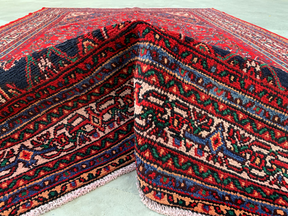 Handgemaakt Perzisch wollen vloerkleed 7x10 - Rood Perzisch tapijt met geometrisch medaillon en ivoorkleurige rand - Exacte afmeting 10'0" x 6'11" - KBHM-855