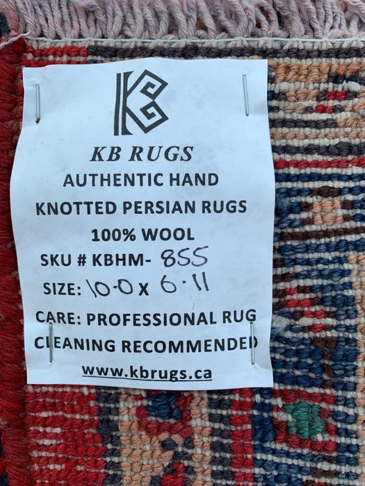 Handgemaakt Perzisch wollen vloerkleed 7x10 - Rood Perzisch tapijt met geometrisch medaillon en ivoorkleurige rand - Exacte afmeting 10'0" x 6'11" - KBHM-855