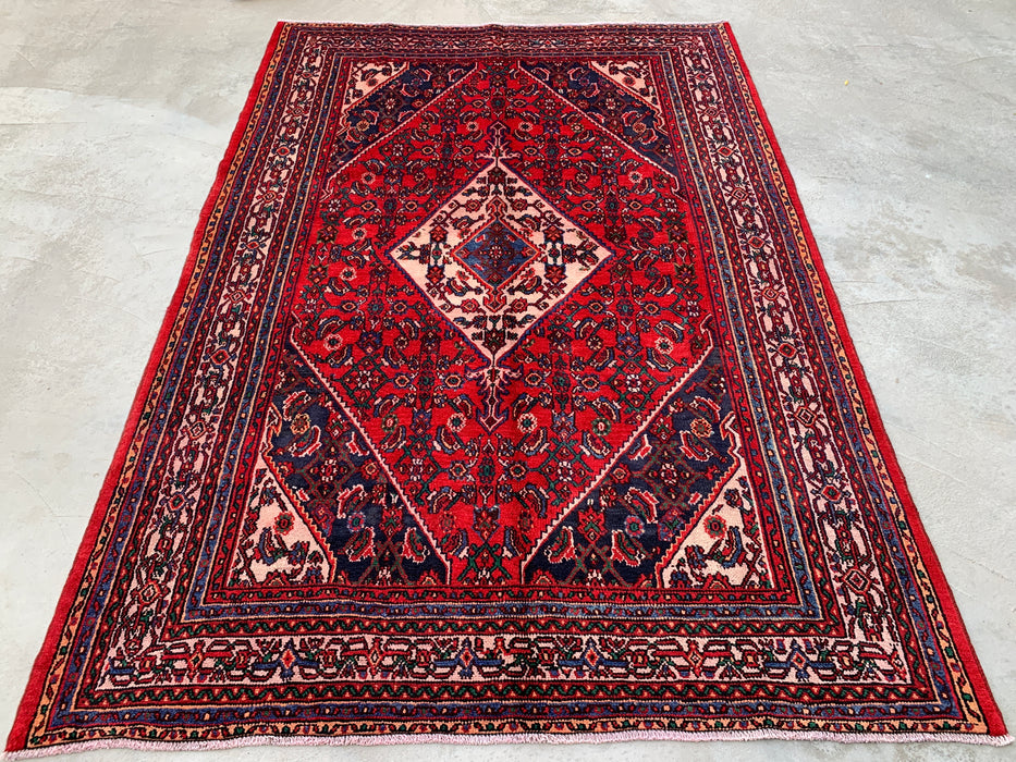 Handgemaakt Perzisch wollen vloerkleed 7x10 - Rood Perzisch tapijt met geometrisch medaillon en ivoorkleurige rand - Exacte afmeting 10'0" x 6'11" - KBHM-855